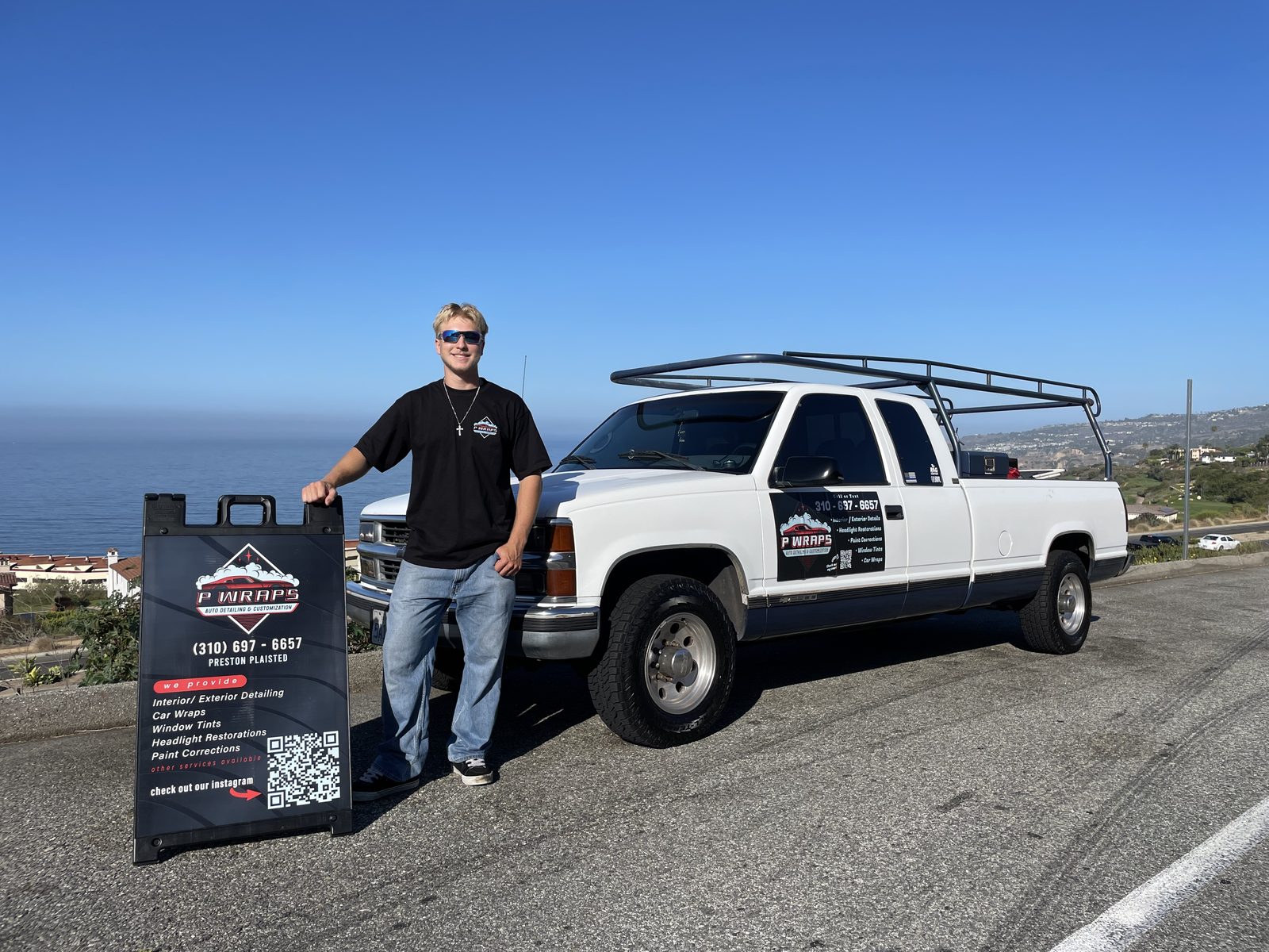 Preston with his branded mobile detailing truck on the Palos Verdes coast